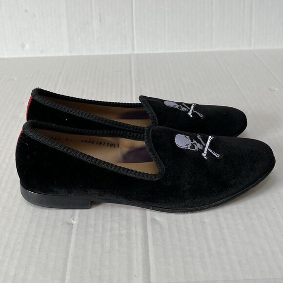 Del Toro Black Velvet Loafers Skull & Crossbones Size 9 Slip On Flats Italy Made main image 9